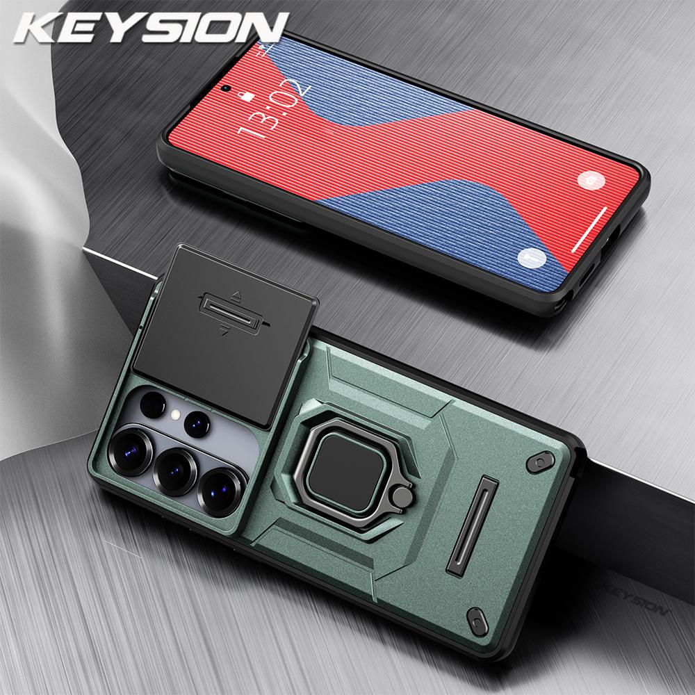 KEYSION Shockproof Armor Case for Samsung S26 Ultra 5G Slide Camera Lens Protection Ring Stand Phone Cover for Galaxy S26+ Plus