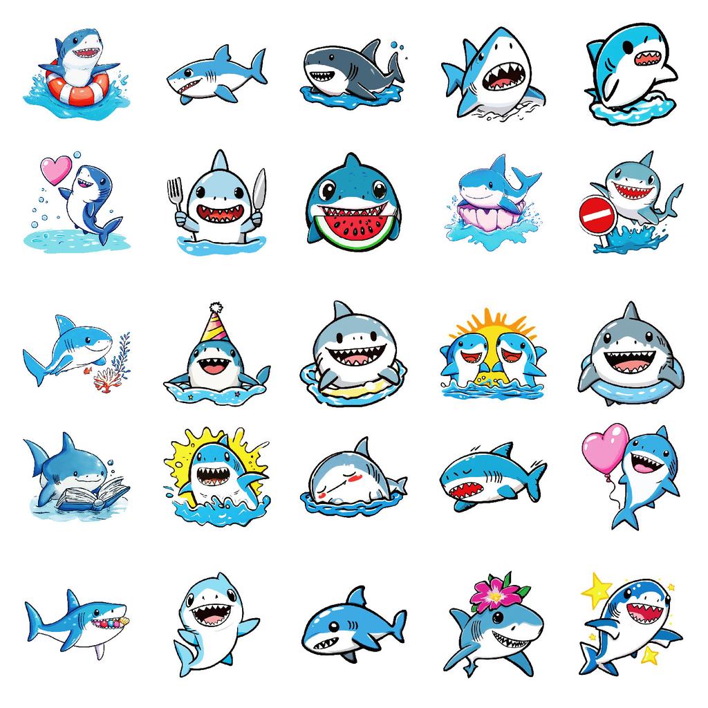 New 50 Cute Shark Personality Creative Stickers Mobile Phone Notebook Water Cup Suitcase Waterproof Stickers