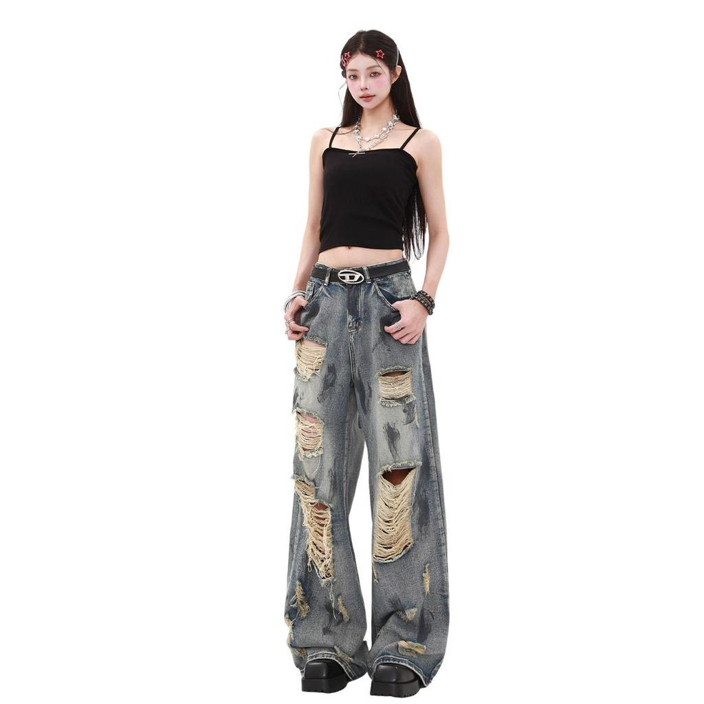 Scrap Wind Tie-Dye Broken Hole Denim Jeans Women Pear-Shaped Body Large Size Loose Straight Draped Wide-Leg Pants Retro Baggy Long Jeans for Ladies