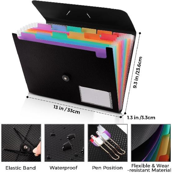 SKYDUE Expanding File Folder, Accordion File Organizer with 13 Pockets for A4/Letter Sized Paper, Accordion Folder with Labels - Document Receipt
