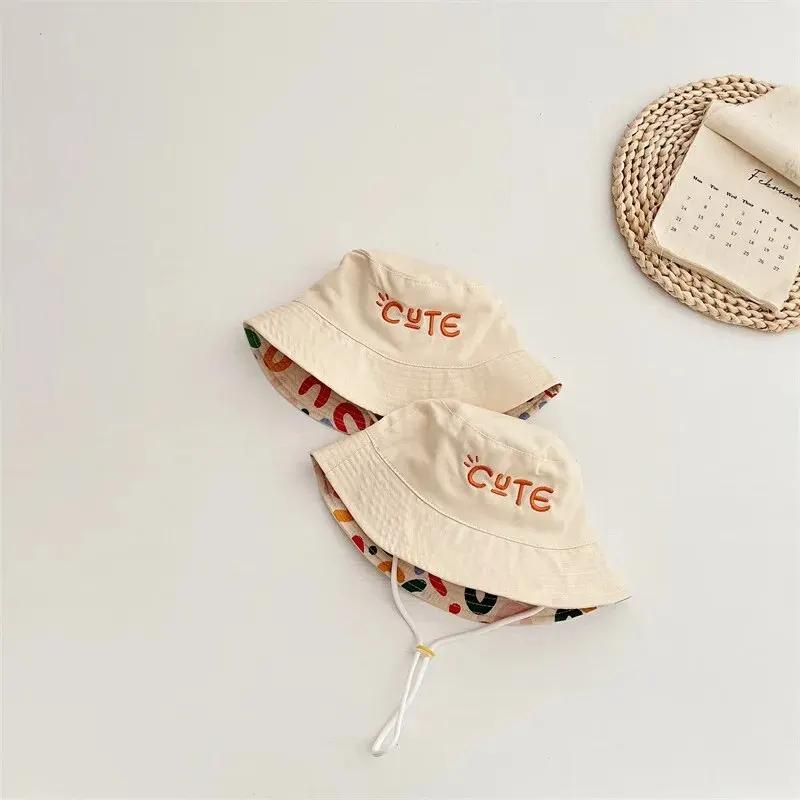Boys Girls Fisherman Cap Spring Summer Outdoor Kids Sun HatDouble Sided Baby Bucket Hat Letter Embroidered