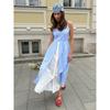 Summer New Blue Plaid Fake Two-piece Splice Single-breasted Strap Dress for Women European & American Style