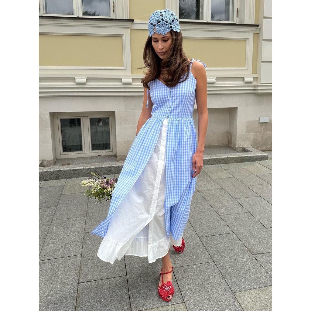 Summer New Blue Plaid Fake Two-piece Splice Single-breasted Strap Dress for Women European & American Style