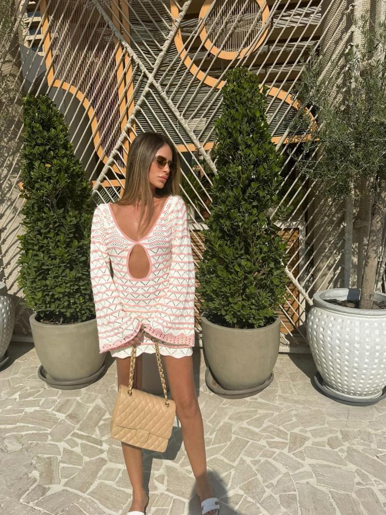 Sexy Boho Striped Chic V-neck Cut Out Bell Sleeve Knit Dress 2025 Summer Women Seaside Holiday Mini A-Line Dress K123