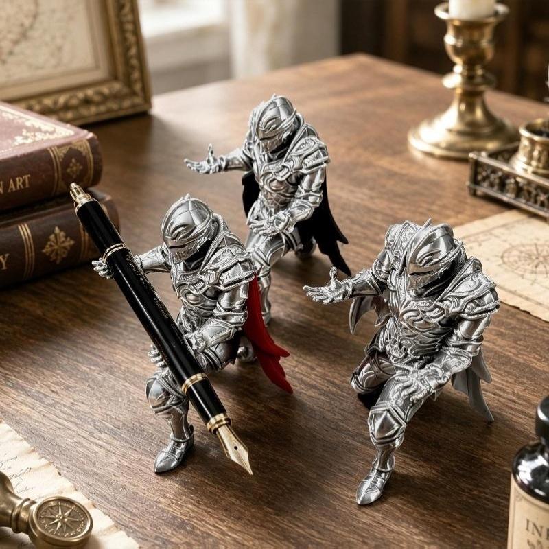 3D Printed Kneeling Knight Pen Holder Dark Fantasy Medieval Warrior Statue Desktop Organizer Plastic Stand Home Office Decor