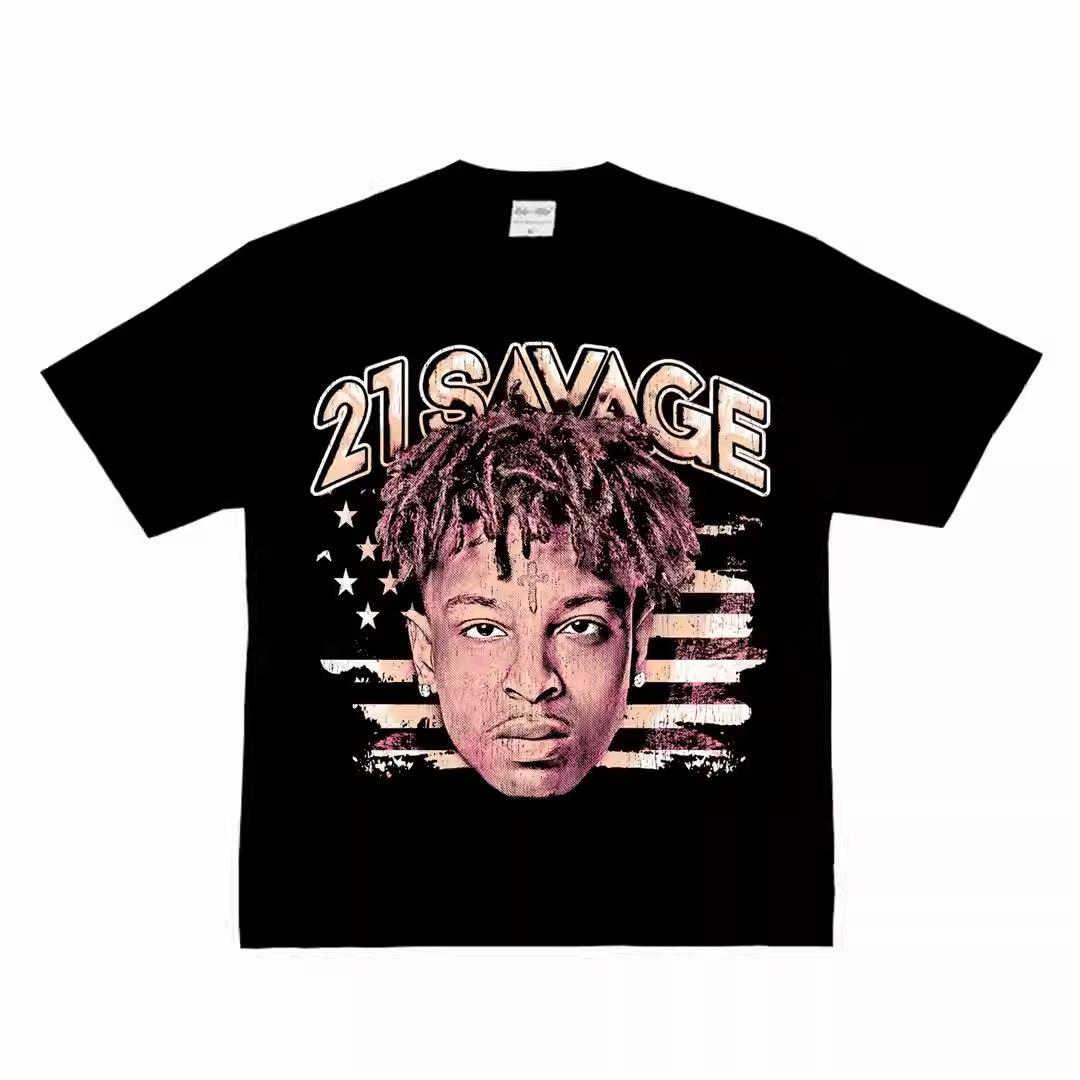 

21 Savage Футболка с графическим принтом американского флага Плотный хлопок Ретро Уличный стиль Хип-хоп Мерч Унисекс Большемерный Летние Повседневные Футболки S