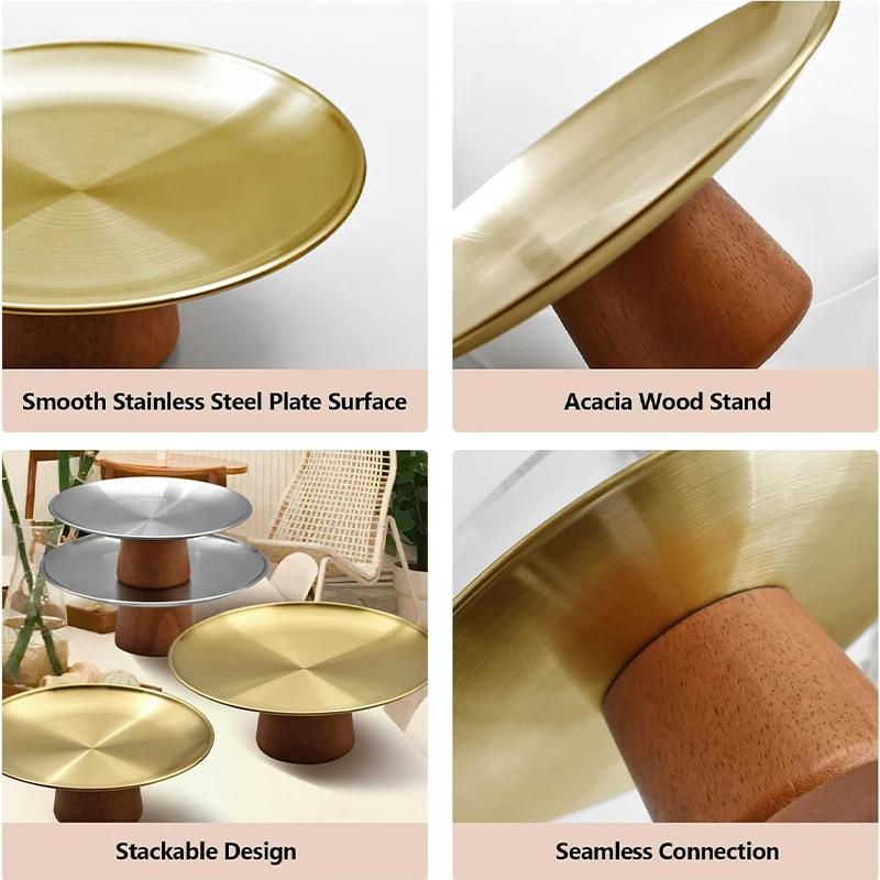 Stainless Steel Dessert Tray with Wooden Base Korean Style Fruit Display Plate Cake Plate Dining Table Home Decoration Ornaments