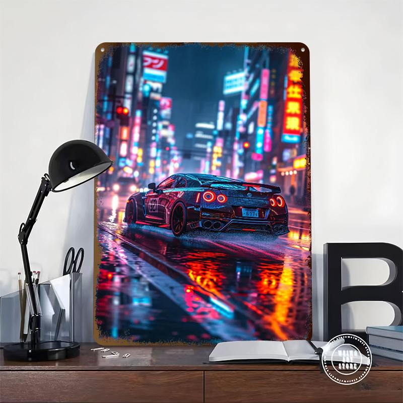 Sports Car In The Rain Printed Poster Customized Wall Art Retro Vintage Metal Tin Signs for Room Decoration Home Decorations