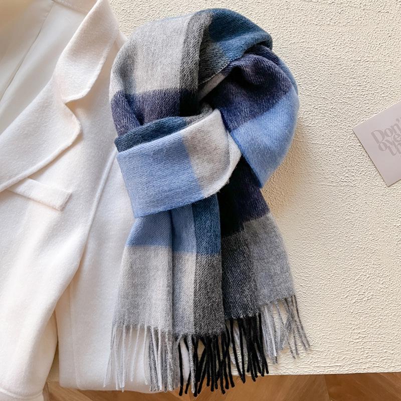 "2024 British Style Pure Wool Plaid Scarf - Unisex Winter Warm Double-Sided Tassel Design"