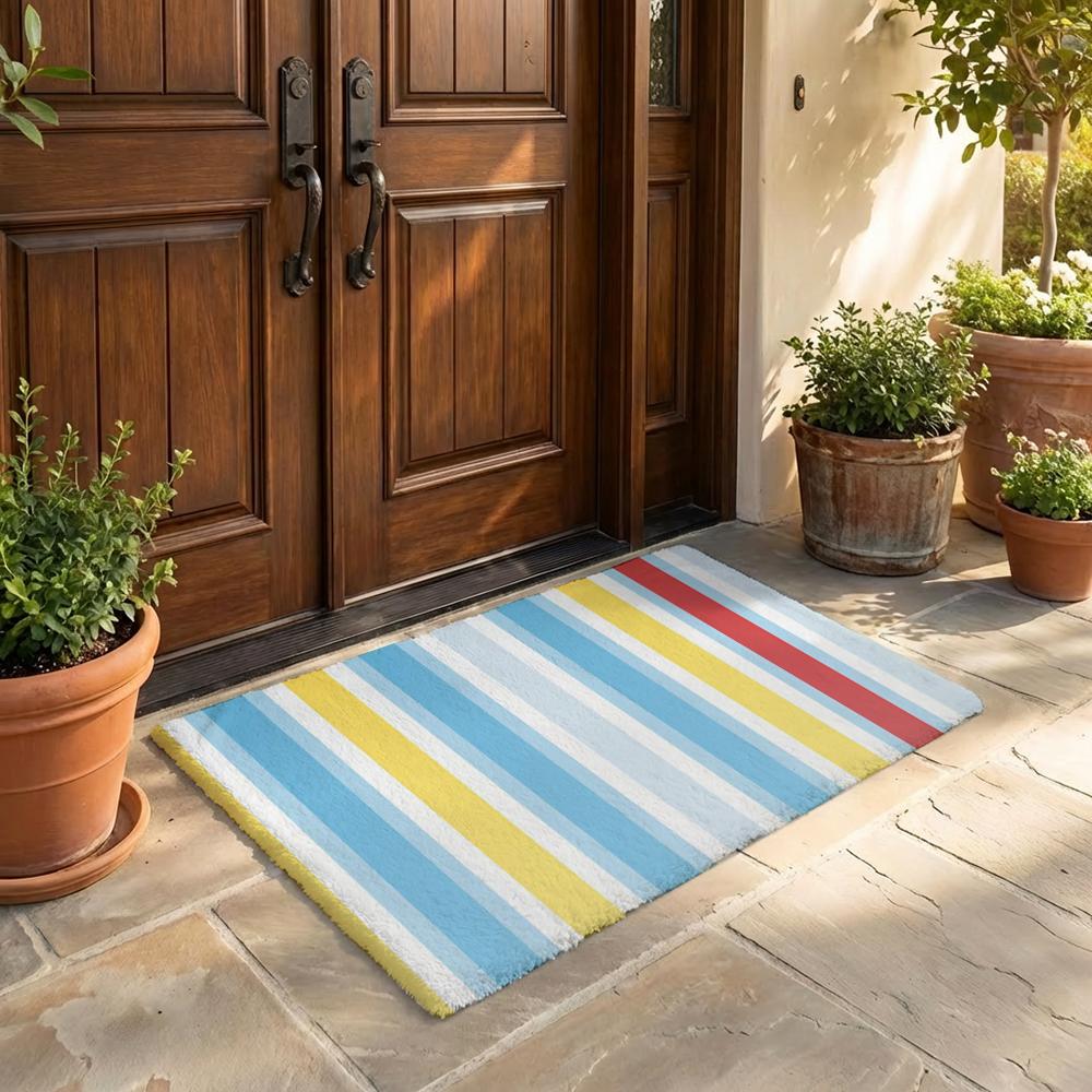Colorful Striped Pattern Floor Mat Flannel Door Mat Non-Slip Bedroom Living Room Home Decor
