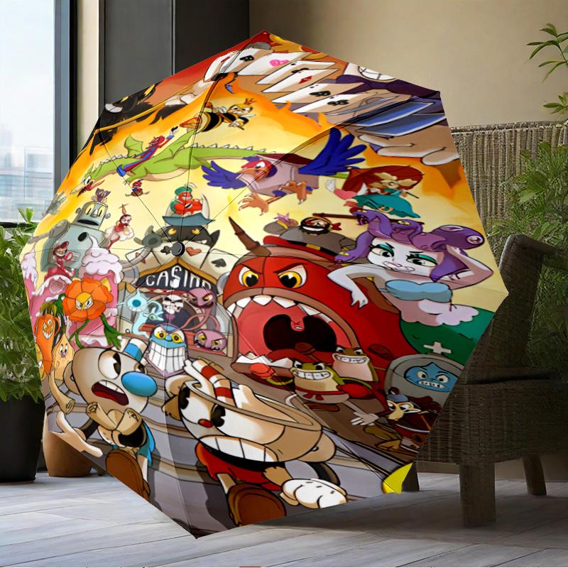 Adventure In The Cup-head Umbrella Folding Umbrella, Automatic Umbrella 8-Frame for Travel, Camping Use Gift for Halloween Christmas