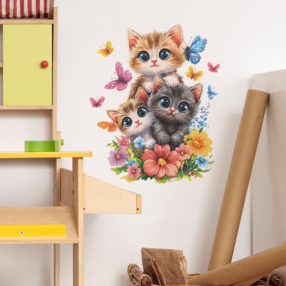 Cute Cat Floral Wall Sticker Self-Adhesive Removable for Bedroom Living Room Closet Dorm Home Decor Art