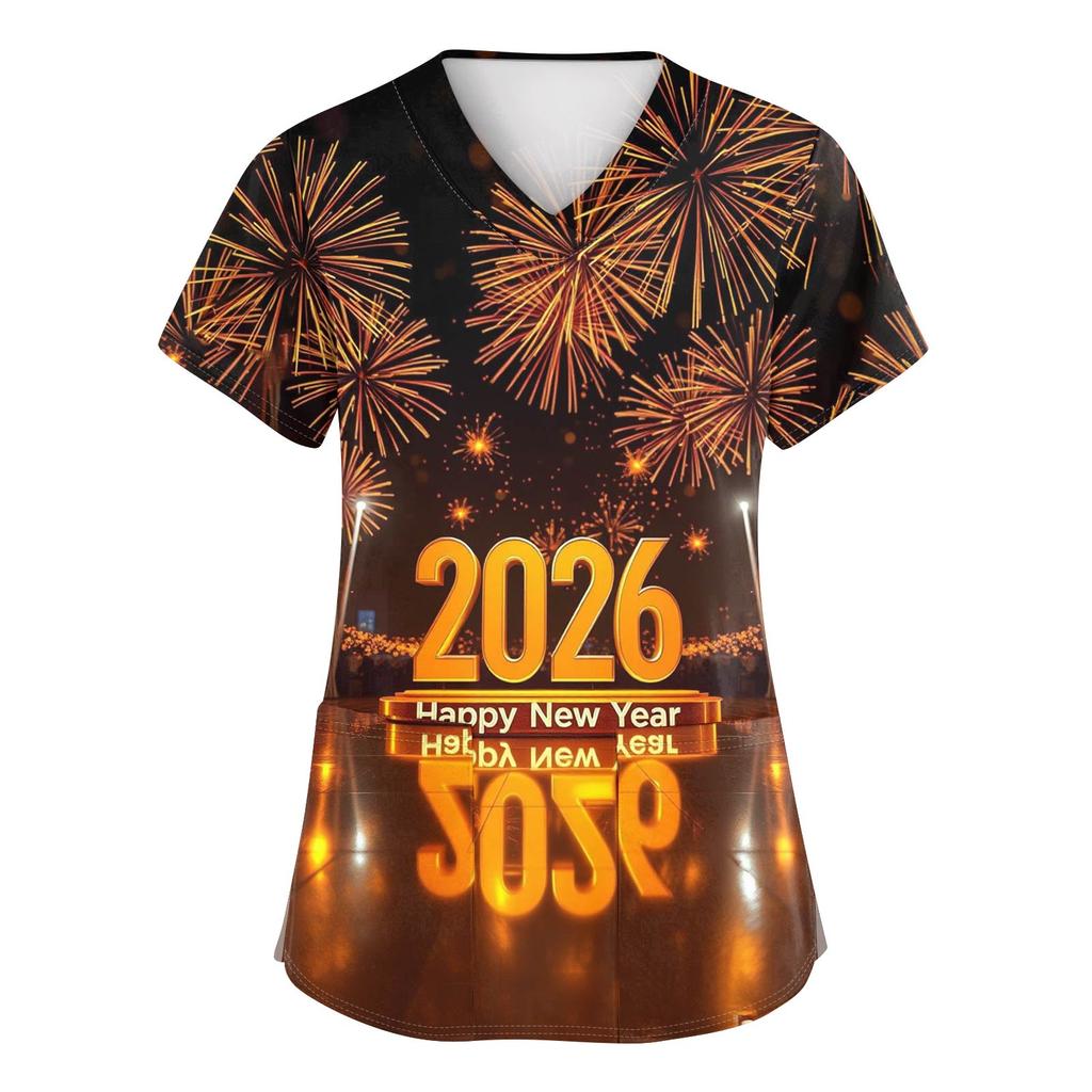 Damenmode Bedruckte Kurzarm-Oberteile mit V-Ausschnitt und Muster, Taschen, Arbeits-T-Shirts