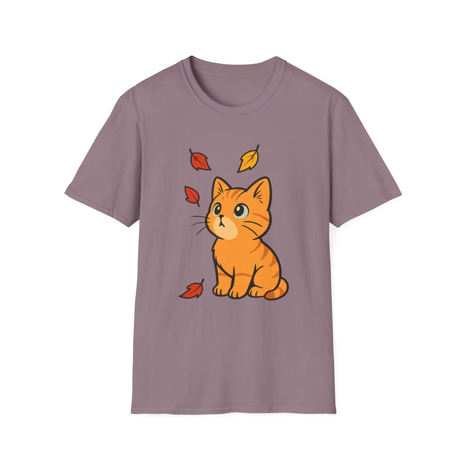 Unisex Softstyle T-Shirt Mens Womens Tees Top Orange Tabby Kitten Autumn Leaves Cute Fall Cat Tee M