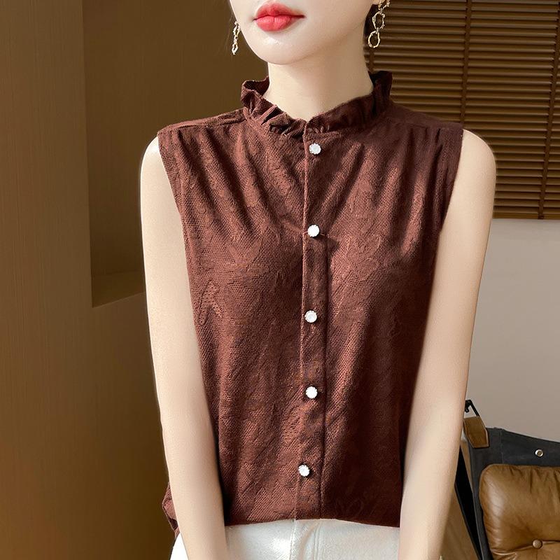 Women's Spring and Autumn New Retro Style Half-high Round Neck Wooden Ear Edge Jacquard Hollow Loose Sleeveless Vests