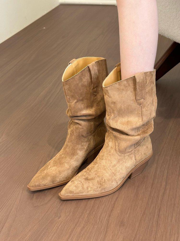 

Версия из коровьей кожи! Остроносые ботильоны на устойчивом толстом каблуке, ботильоны средней высоты, осень-зима 2025, коричневые короткие ботильоны, ботильоны до колена 42 коричневый