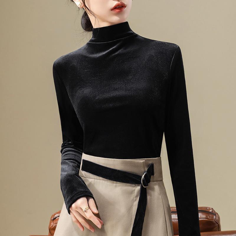 Velvet Bottoming Shirt Women's New Women's Clothing Temperament Semi-turtleneck Shirt with Waist and Long-sleeved Top.