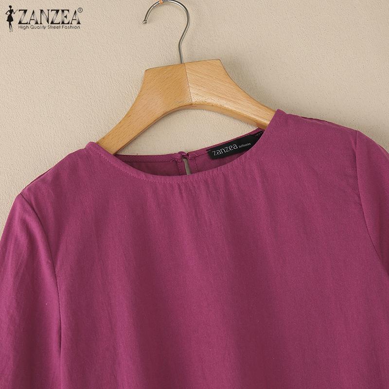 ZANZEA Women Casual Round Neck Solid Color Loose 3/4 Sleeve Blouse