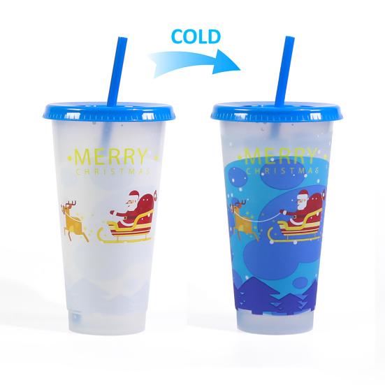 710ml Straw Cup with Lid Single-layer Christmas Magical Color Changing on Cold Cup for Trip