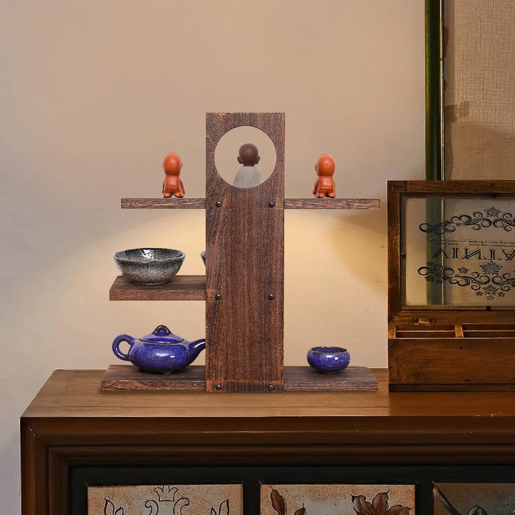 Solid Wood 3/4 Tier Storage Organizer Chinese Retro Tea Set Display Rack for Teapot Cup Living Room Bedroom Kitchen Office Decor