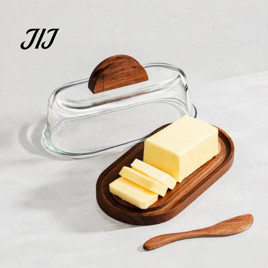 Wooden Butter Container for Refrigerator Dish with Glass Lid And Knife, Holder Kitchen Storage Box Counter Countertop & Refrigerator, Keeper