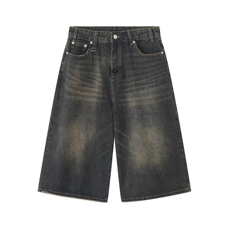 

American Street Washed Wide-leg Pants Cropped Jeans Man s Spring and Summer Tide Brand Retro Personality Straight Tube Casual Short XXL сине серый