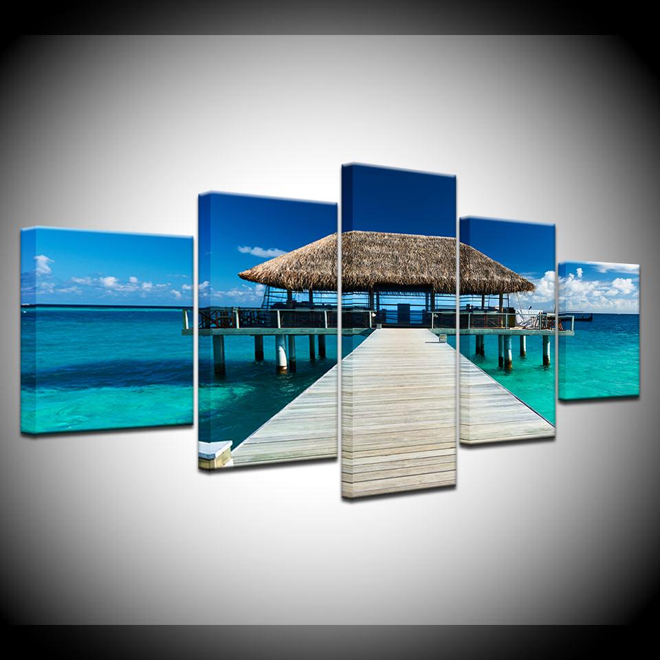 Canvas Painting Seaside cottage summer landscape 5 Pieces Wall Art Painting Modular Wallpapers Poster Print Home Decor
