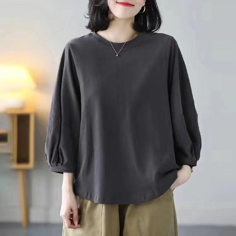 Pure Cotton Long Sleeves T-Shirt Women s Loose Plus Size Plus Size Ladies Slimming Fall Clothes Western Style Printed Bottoming Shirt Women s Top Gray M