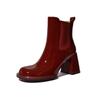 Smoke boots thick heel patent leather short boots women's Christmas wear burgundy 2025 new high-heeled Chelsea boots