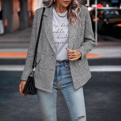 Dames Slim Fit Tweed-Stijl Blazer Jas Middellang Kantoor Chic Grijs Zwart