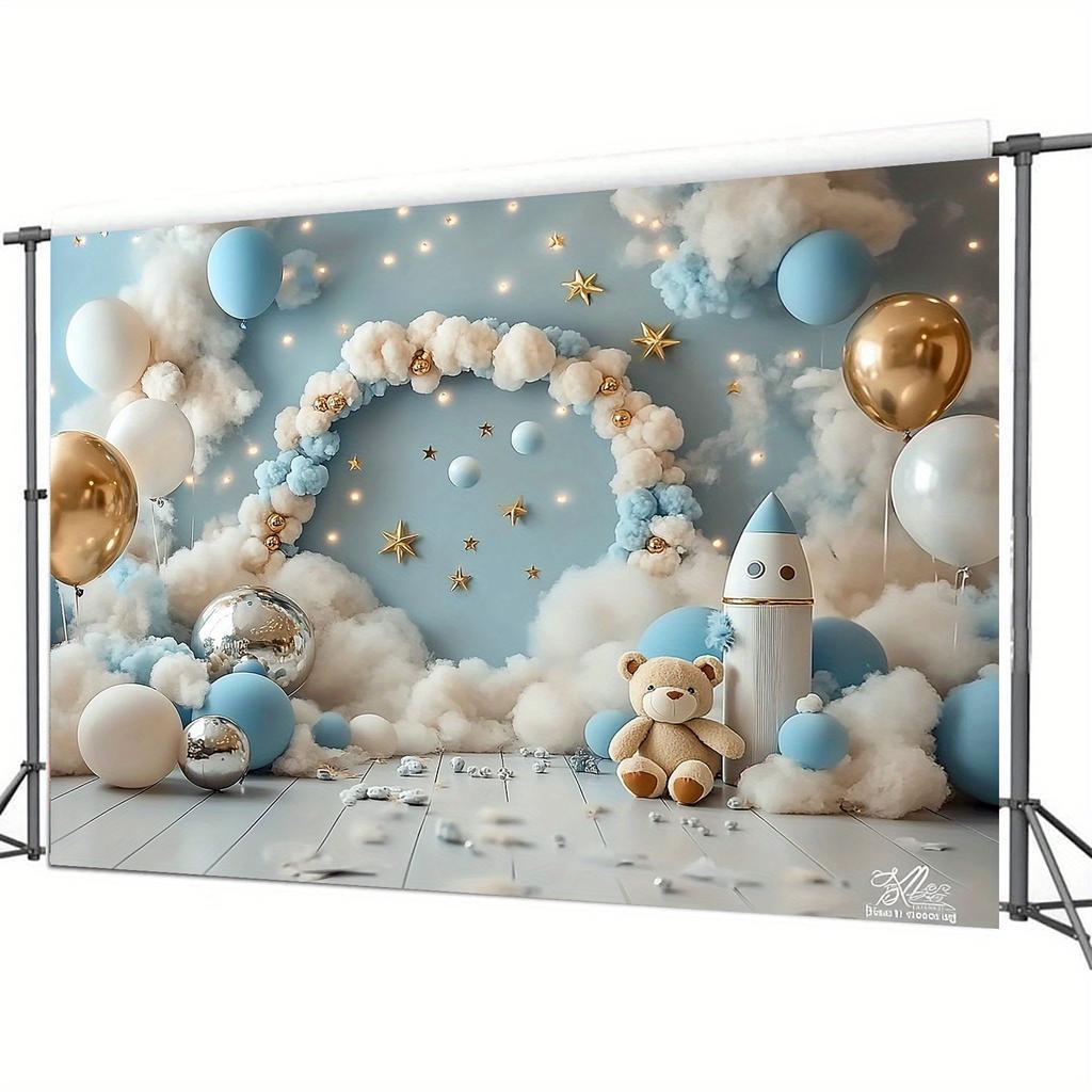 1pc Starry Sky Dream Theme Background - Dreamy space scene with golden balloons blue and white clouds and twinkling stars