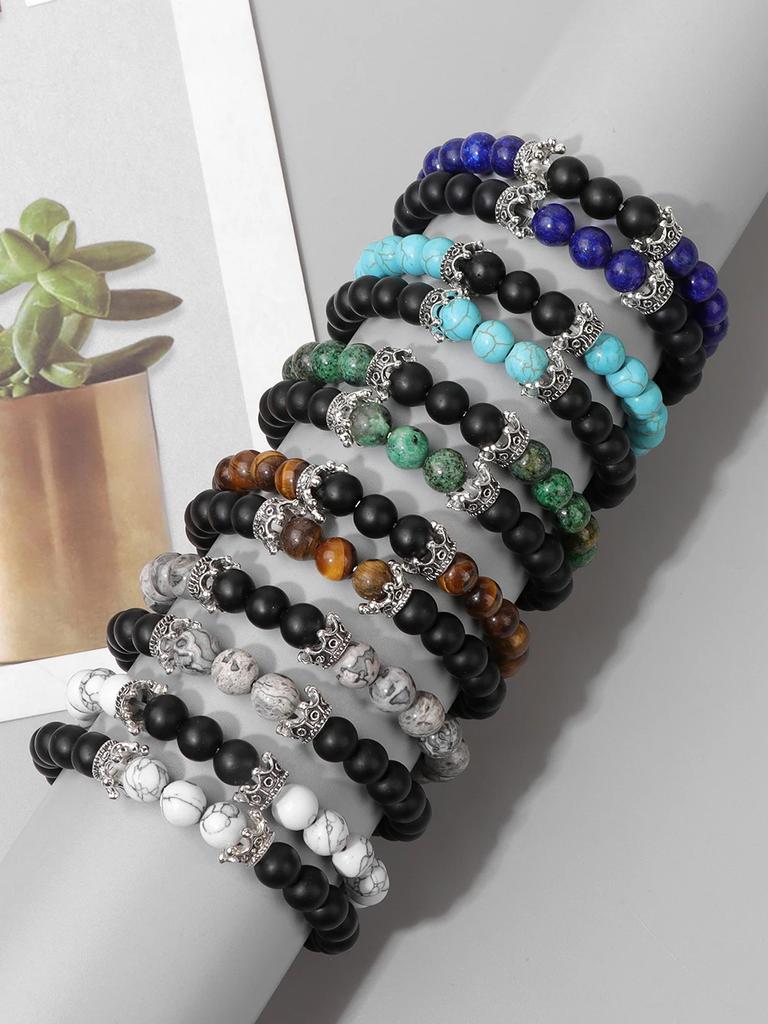 2Pcs/Set Natural Map Stone Beads Bracelet Fine Crown Charm Bracelets Balance Quartz Elastic Wrist Jewelry for Men Women 8mm