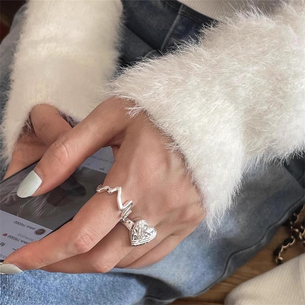 ECG Wave Love Ring Female Design Simple Geometric Lines Stacked Open Ring