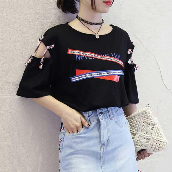 Vintage Women Letter Hollow Half Sleeve Round Neck Loose Tee Top T-shirt Bluzka