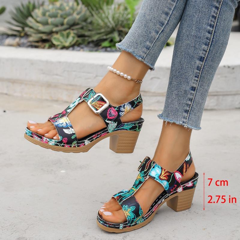 

Large size high-heeled sandals summer new printing one-word buckle sandals 36