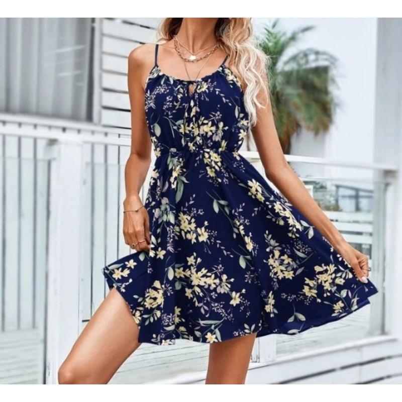 Women's Summer Floral Print Spaghetti Strap Mini Dress Tie Front Elastic Waist Sleeveless Casual Beach Sundress