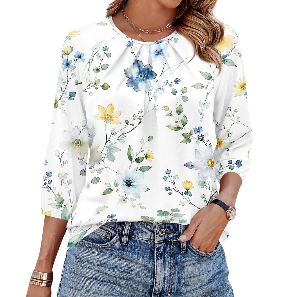 Women's Floral Print 3/4 Sleeve Round Neck Pleated T-Shirt Top Casual Lightweight Blouse with Elastic Cuffs and Relaxed Fit for Everyday Wear