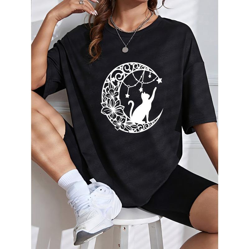 White T-Shirt With Cat And Moon Print For Casual Wear