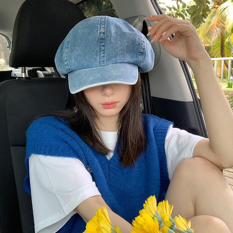 Spring and autumn washed cotton cowboy female painter hat retro octagonal hat big head circumference showing face small beret retro style