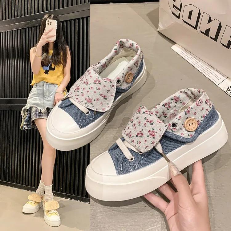 Fashion New 2025 Women's Thick Bottom Canvas Shoes Casual Two-Way Wear Spring Autumn Fashion Flat Heel Adult Polyurethane Footwear