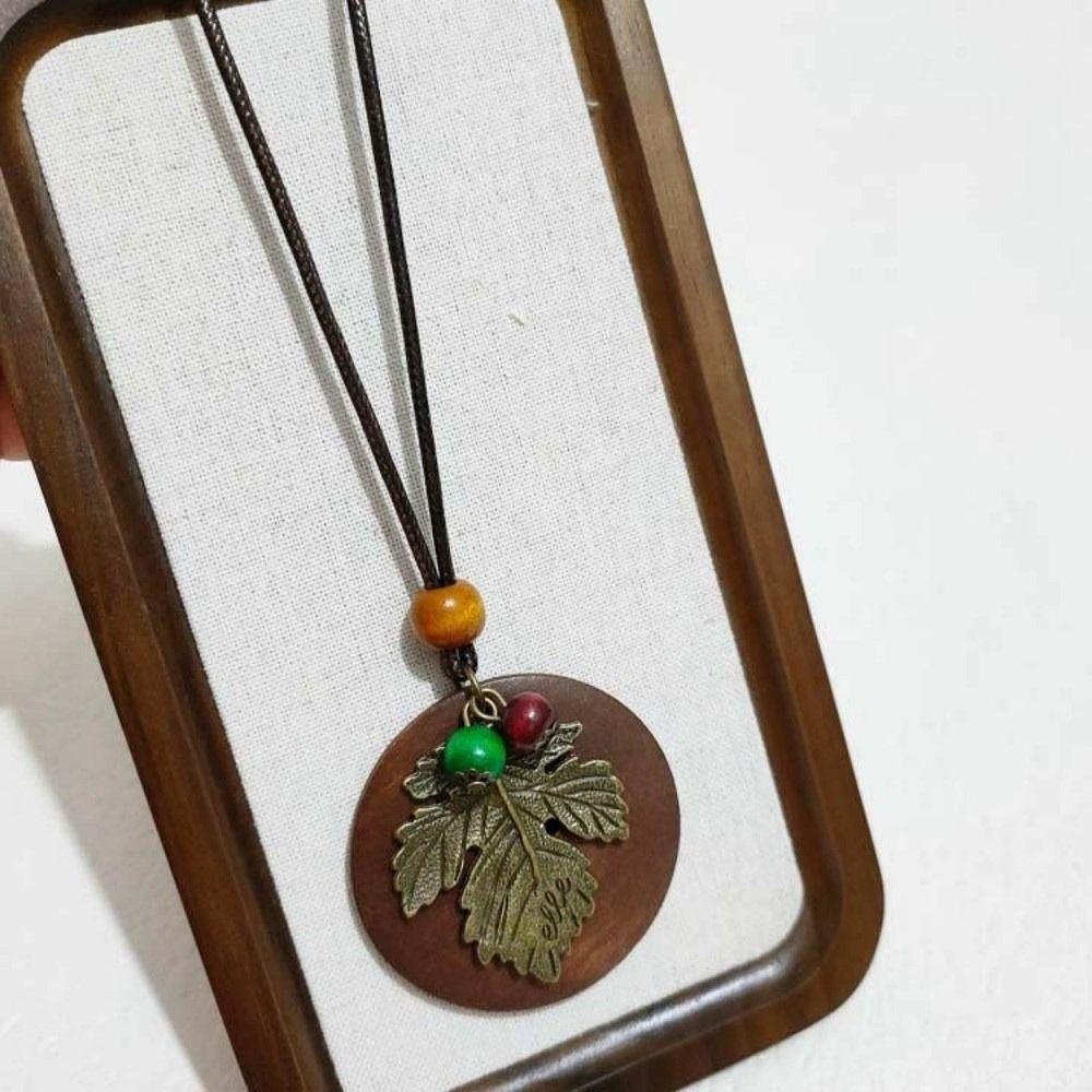 Boho Wooden Pendant Necklace Hollow Leaves Clothing Pendant Vintage Sweater Chain Gifts