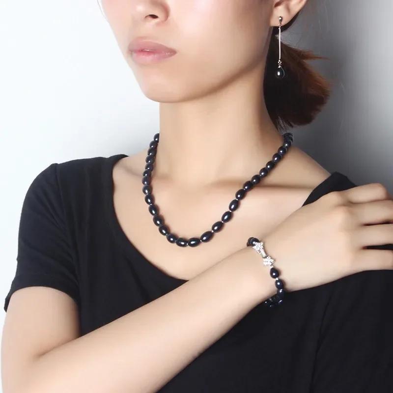 Natural Black Pearl Jewelry Sets For Women,Fashion Jewelry Dangle Earrings&Bracelet&Necklace,Rice Shape 8-9mm Pearl Star Zircon