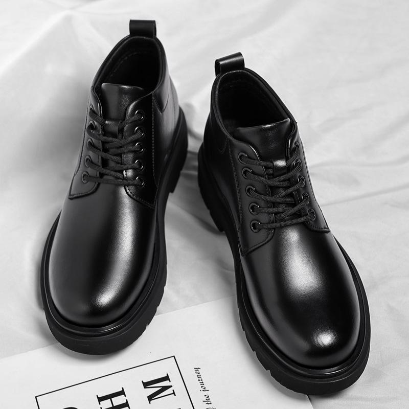 Martin Men's 2024 Black Leather Boots: Plus Velvet, Thickened, Height-Enhancing, Casual, Warm Work Boots for Autumn/Winter