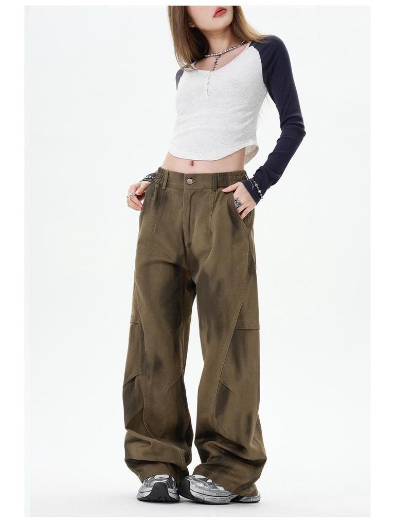 OREETA Tie-Dye Gradient Curved Leg Cargo Pants: Casual Wide Leg Streetwear In Pure Cotton