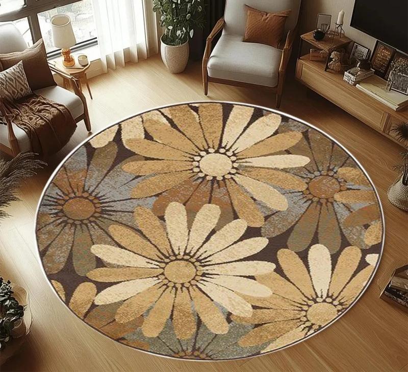 Vintage Abstract Bloom Round Rug, Blue Beige Retro Swirl Floral Art Printed Circular Floor Mat for Living Room Bedroom