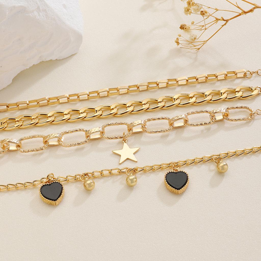 High quality 2026 black love star four-piece set jewelry, personalized simple multi-layer gold hollow chain bracelet
