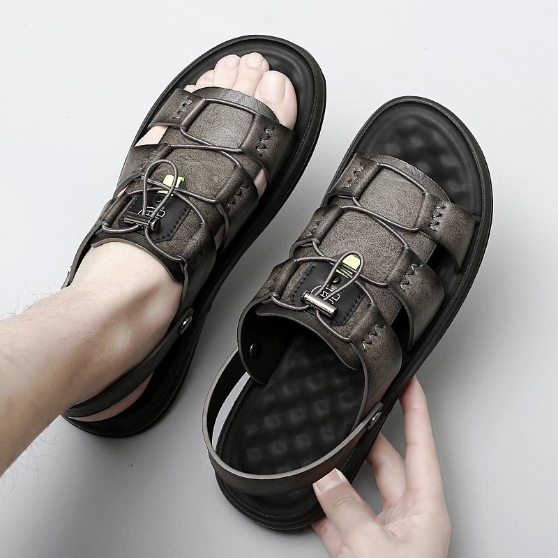 FashionClassic Men's Genuine Leather Sandals Retro Men's Casual Shoes Beach Shoes Outdoor Trendy Flat Shoes Non slip Walking Sandals