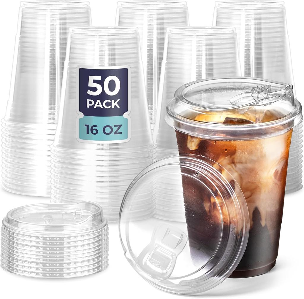 12/16/20/24oz Clear Plastic Cup with Lids 50 Set Disposable Cups for Iced Coffee or Juice Party  Smoothie Milkshake Cold Drinks