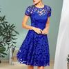 Women Summer Dress See-through Hollow Out Lace Short Sleeves Big Hem Dress-up Round Neck A-line Plus Size Prom Dress Women Clothes