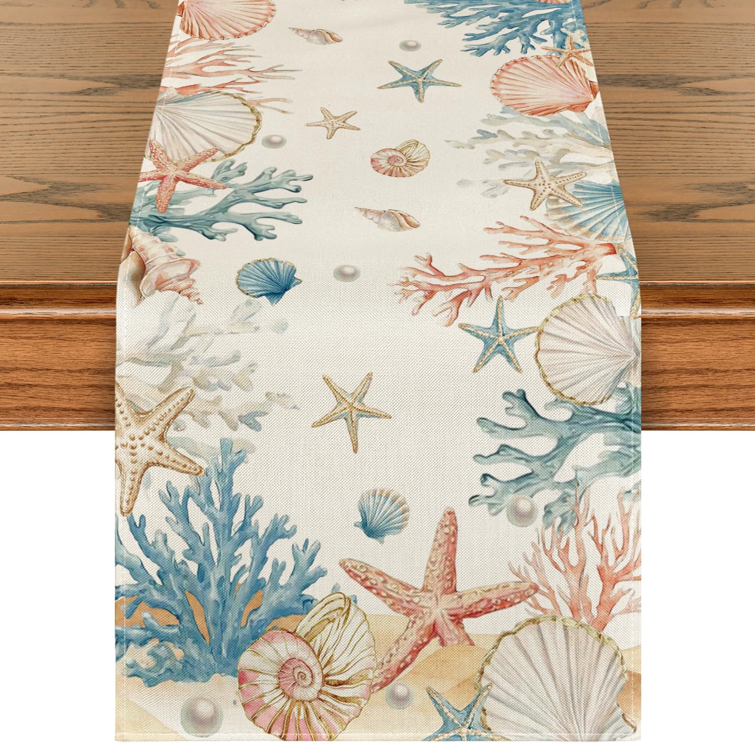 Zomer Zeester Koraal Schelp Linnen Tafelkleed Feestdecoratie Herbruikbaar Keuken Eettafelkleed Bruiloft Decoraties 150x33cm